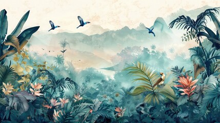 Watercolor pattern wallpaper. Painting of a jungle landscape with birds.