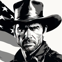 Cowboy Portrait with American Flag

