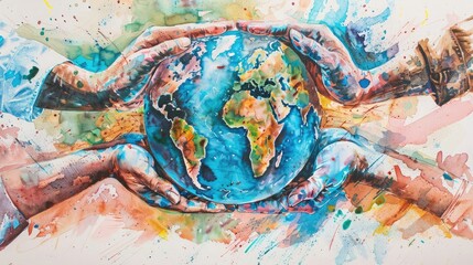 Obraz na płótnie Canvas Watercolor style, hands multiethnic people vote, Charity donation, volunteer work, support and assistance, community, Teamwork businesspeople diversity of maintaining peace on the planet concept
