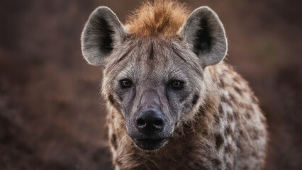 A close-up photograph of a hyena's face.