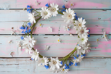 Wreath made of white daisies and bluebells on a pastel wooden background, Generative AI