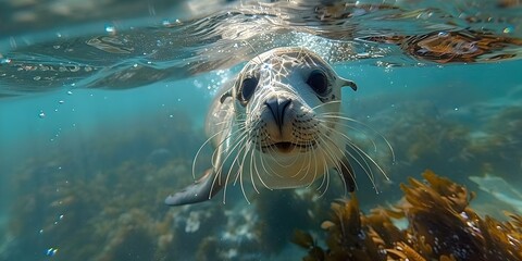 Seal energetically swimming in clear Australian waters surrounded by bubbles and sunlight. Concept Nature, Australia, Wildlife, Water, Seal