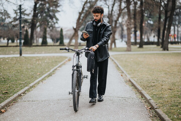 A smart businessman in a leather jacket with a bike, using a smart phone in an urban park setting.