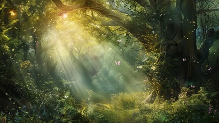 An image depicting a magical moment in an enchanted forest, where the natural world seems alive with mystical creatures and ethereal light, inviting the viewer into a world of wonder and fantasy. - obrazy, fototapety, plakaty