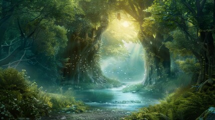 An image depicting a magical moment in an enchanted forest, where the natural world seems alive with mystical creatures and ethereal light, inviting the viewer into a world of wonder and fantasy. - obrazy, fototapety, plakaty