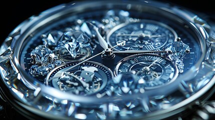 Capture the shimmering reflections dancing across the polished surface of a sapphire crystal watch face, lending an aura of opulence to its timeless appeal. - obrazy, fototapety, plakaty