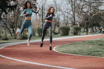 Two athletic women in sportswear running on a red track in a green park, depicting exercise and healthy lifestyle