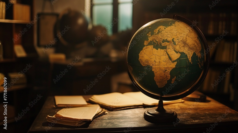 Poster ancient globe depicting the world placed in an old-fashioned reading room at night. the background i