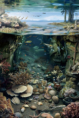 Fototapeta na wymiar Detailed Scientific Illustration of Marine Ecosystem and Biodiversity