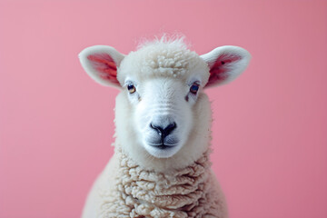 Fototapeta premium Closeup of sheep or ram head on pastel pink background. Cute funny farm animal. Agriculture industry, farming and animal husbandry. Banner with copy space 