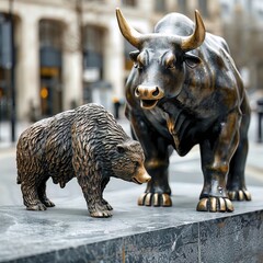 A bull and bear statue, symbolizing the ups and downs of stock market trends