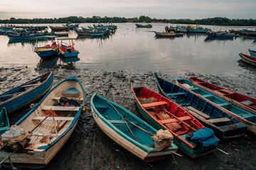 artisanal fishing boat pier on the Tumbes River - obrazy, fototapety, plakaty