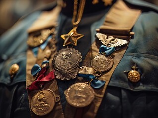 A medal of valor, adorned with national emblems, is pinned on the chest of a hero, symbolizing bravery and sacrifice in service