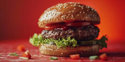 A burger on red color studio background