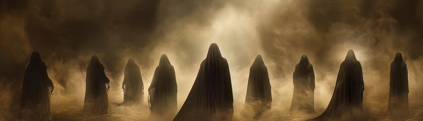 The grim reapers convene, their dark silhouettes an omen amidst the spectral fog - obrazy, fototapety, plakaty