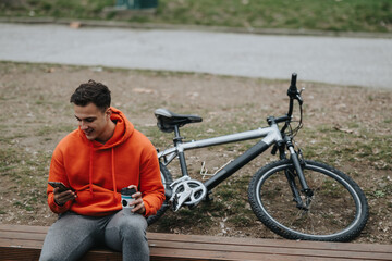 Casually dressed young man checks his phone while resting on a bench in the park, with his bike beside him, on an overcast day.