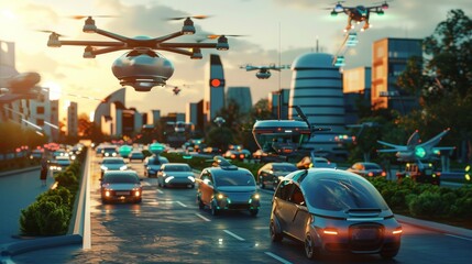 illustrating an advanced autonomous transportation network, with self-driving vehicles, drones, and personal flying devices moving in harmony, showcasing a future of efficient and safe transportation. - obrazy, fototapety, plakaty
