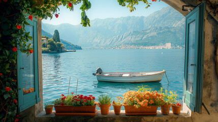 Papel de parede deslumbrante apresentando uma paisagem paradisíaca vista através de uma janela um barco de pesca sobre águas tranquilas, enquanto flores tomam sol - obrazy, fototapety, plakaty
