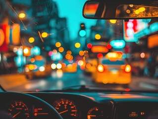 Foto de interior do carro, capturando as vibrantes luzes noturnas da cidade, com carros no trânsito, semáforos e outros elementos urbanos. Uma cena que retrata a agitação e a energia da vida urbana - obrazy, fototapety, plakaty