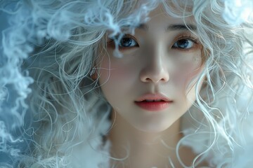 Portrait of Asian young woman with white dress and blonde siver white gold hair color with cosplay game makeup for photo shooting. Generative AI.