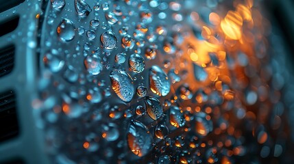 Droplets of condensation gather on the polished metal frame of an industrial-grade fan, catching...