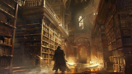An image set in an ancient, sprawling library with towering bookshelves and dimly lit corridors, where a lone character uncovers a secret manuscript, igniting a quest for knowledge and truth. - obrazy, fototapety, plakaty