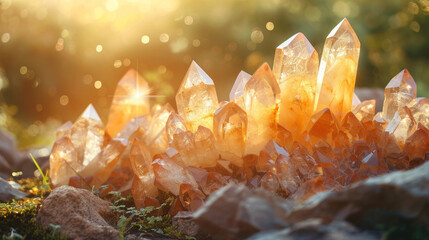 Sunstone crystals on a blurred sunny hilltop,