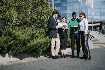 Diverse group of business professionals discussing strategy with documents outside a modern office setting under sunlight