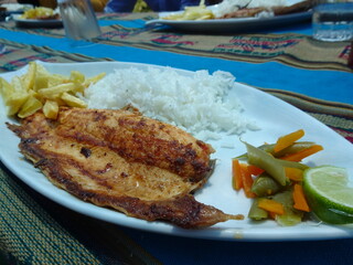 [Peru] plate lunch of fish at a restaurant in Taquile Island (Puno)