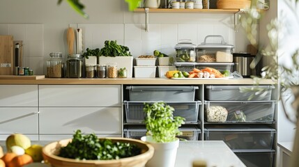 An image showcasing a modern, zero-waste kitchen setup with bulk bins, reusable containers, and composting solutions, emphasizing a lifestyle free from single-use plastics.