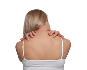 Woman suffering from pain in her neck on white background, back view