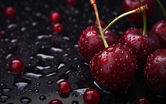 Close-up of Cherries with Water Drops
