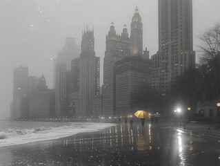 Person with yellow umbrella walking on a wet urban street beside a calm lake, creating a reflective and tranquil cityscape scene in the rain