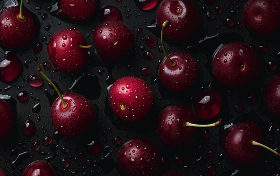 Close-up of Cherries with Water Drops