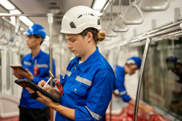Three railway engineers in blue work attire are engaged in analyzing data on a tablet and clipboard...
