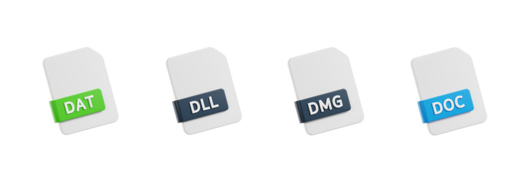 3d dat, dll, dmg, doc file, 3d render icon illustration, transparent background, file format