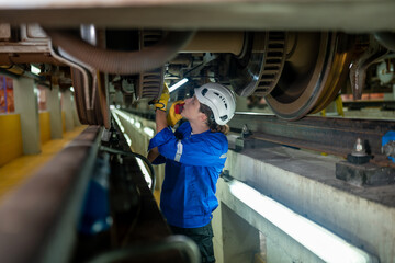 A mechanic in a blue uniform and white helmet intently examines the brake system of a train with a...