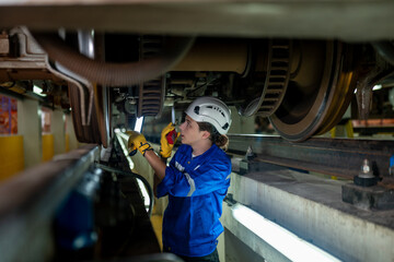 A mechanic in a blue uniform and white helmet intently examines the brake system of a train with a handheld device.