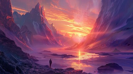 An image showcasing an explorer coming upon an awe-inspiring, undiscovered landscape, with the first rays of dawn illuminating the scene, symbolizing discovery and the awe of encountering the unknown.