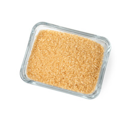 Brown sugar in glass bowl isolated on white, top view