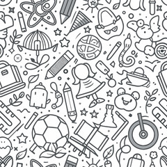 Funny seamless pattern with school supplies and creative elements