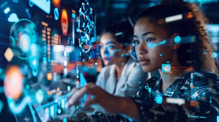 Women of different ethnicities in a tech environment, working together on innovative projects. Include elements like computers, digital screens
