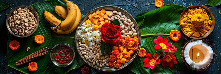 Assorted indian food set on dark background with flowers. Bowls and plates with different dishes of indian cuisine. Puja ceremony to worship. Diwali festival. Ugadi or Gudi Padwa celebration - obrazy, fototapety, plakaty