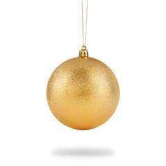 Beautiful golden Christmas ball hanging on white background