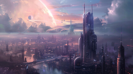 Futuristic Cityscape with Distant Planets