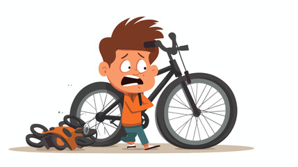 Boy feeling unhappy with his bike broken vector Ill