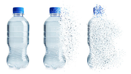 Bottle of water vanishing on white background, set. Plastic decomposition