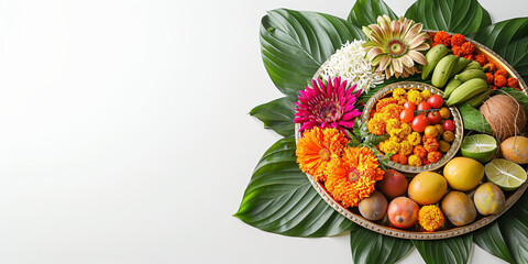 Assorted indian food set on light background with flowers and palm leaves. Bowls and plates with different dishes of indian cuisine. Puja ceremony to worship. Diwali festival. Ugadi or Gudi Padwa
