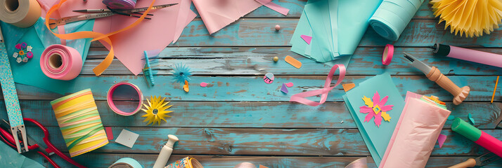 Pastel-Themed DIY Krafting Materials Layout on a Rustic Wooden Table - obrazy, fototapety, plakaty