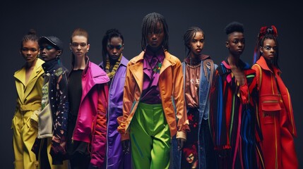 Fototapeta premium Create a fashion-forward scene featuring people of all genders, ethnicities, and styles. Imagine a runway where models proudly showcase diverse clothing designs, breaking stereotypes